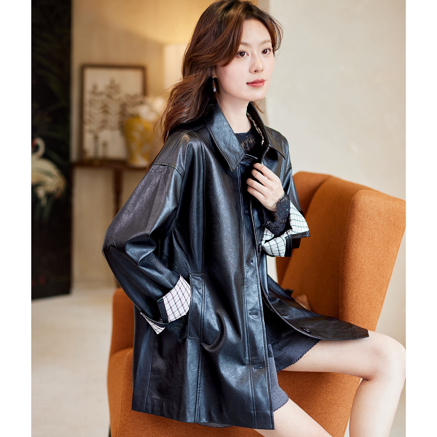 宝诗黎polo领中长款皮质外套