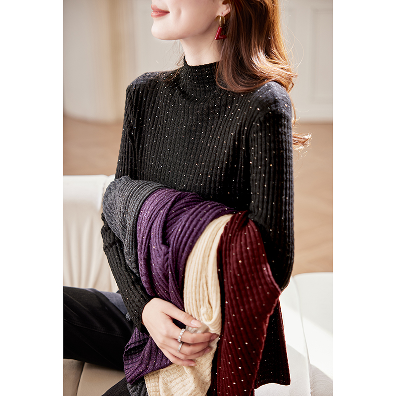 宝诗黎半高领烫钻修身针织衫女秋季气质纯色百搭弹力打底内搭上衣