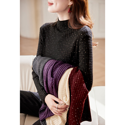 宝诗黎半高领烫钻修身针织衫