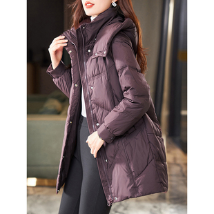 保暖外套洋气休闲女装 时尚 中长款 宝诗黎连帽白鸭绒羽绒服2025冬季