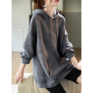 女装 韩系百搭棉质宽松大码 卫衣2026春季 宝诗黎连帽烫钻休闲长袖