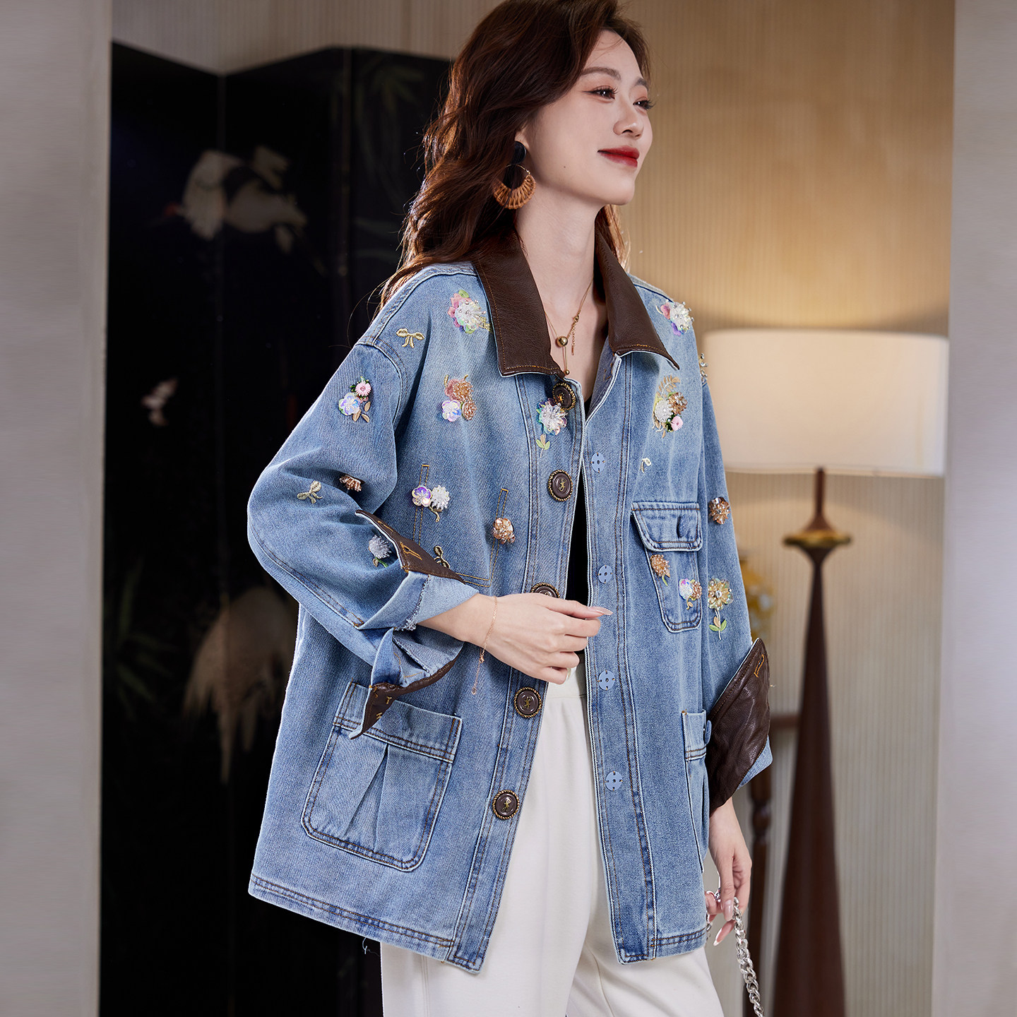 宝诗黎刺绣钉珠拼接牛仔外套2026春季宽松时尚洋气百搭休闲上衣女,女装/女士精品,短外套,淘宝优惠券,粉丝福利购,淘宝优惠卷