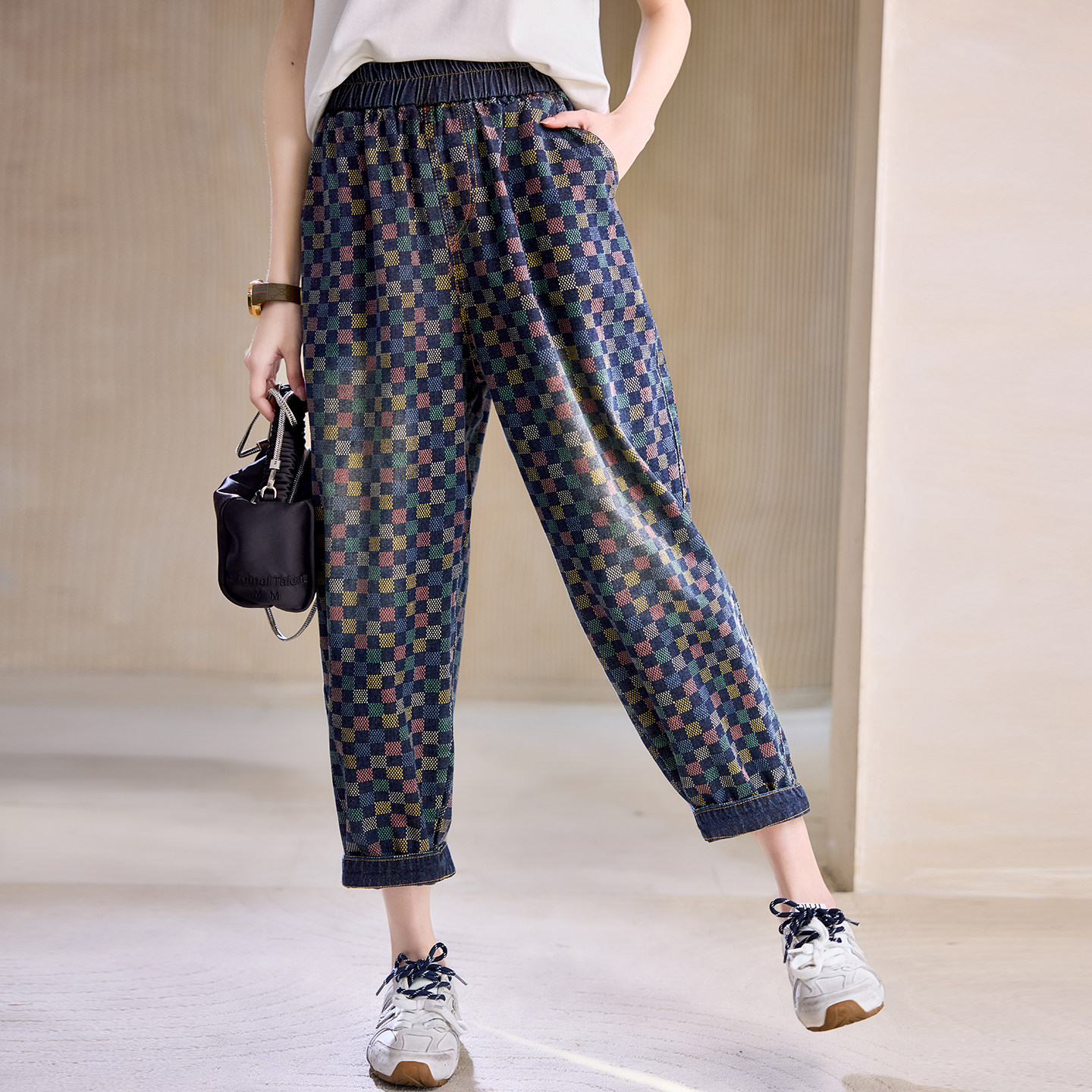 宝诗黎格子印花哈伦牛仔裤2026春季宽松阔腿百搭洋气休闲萝卜裤女
