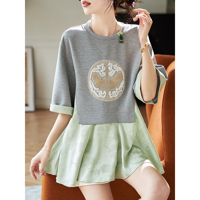 宝诗黎假两件提花拼接短袖T恤