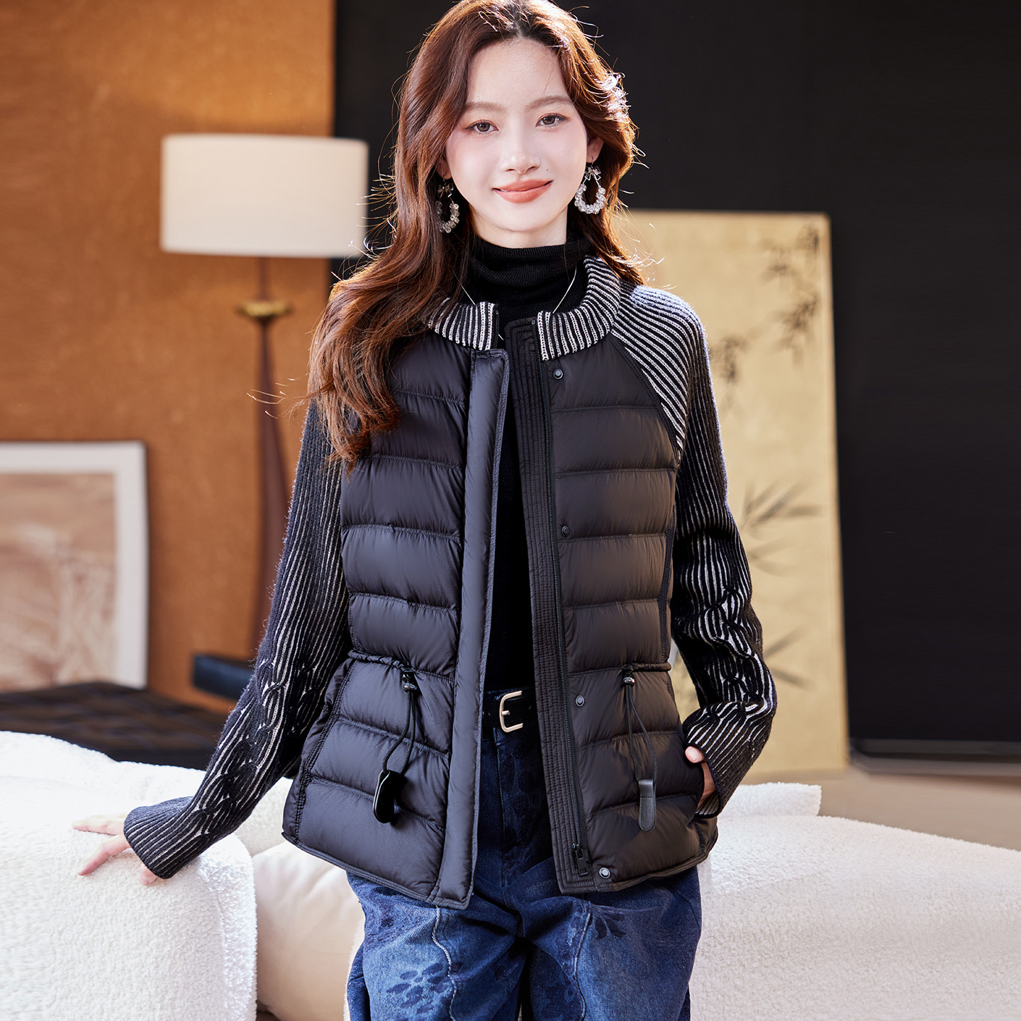 宝诗黎条纹针织拼接羽绒服2025冬季气质时尚休闲90鸭绒保暖外套女,女装/女士精品,羽绒服,淘宝优惠券,粉丝福利购,淘宝优惠卷