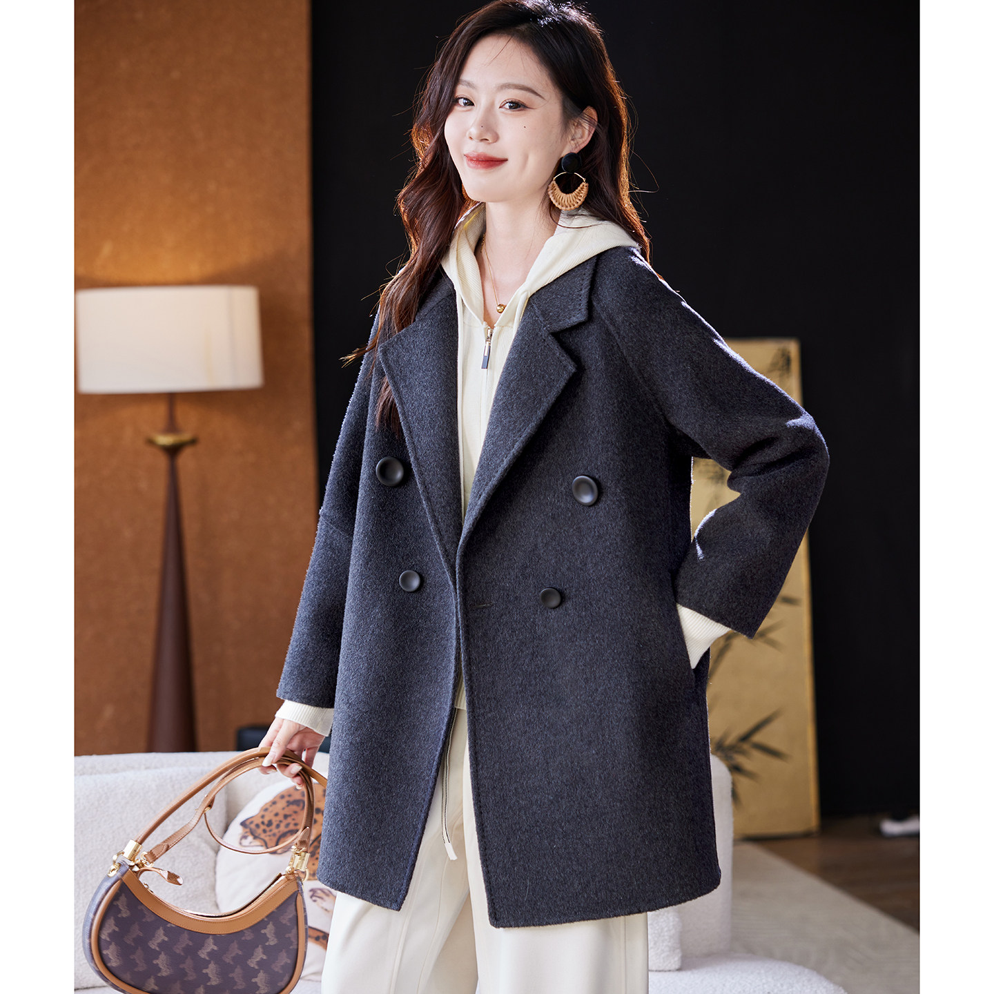 宝诗黎双排扣绵羊毛毛呢外套2026早春韩版简约气质中长款大衣女,女装/女士精品,毛呢外套,淘宝优惠券,粉丝福利购,淘宝优惠卷