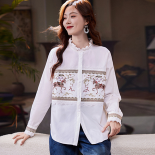 宝诗黎木耳边钉珠刺绣衬衫女2026春季宽松气质通勤棉质长袖白衬衣