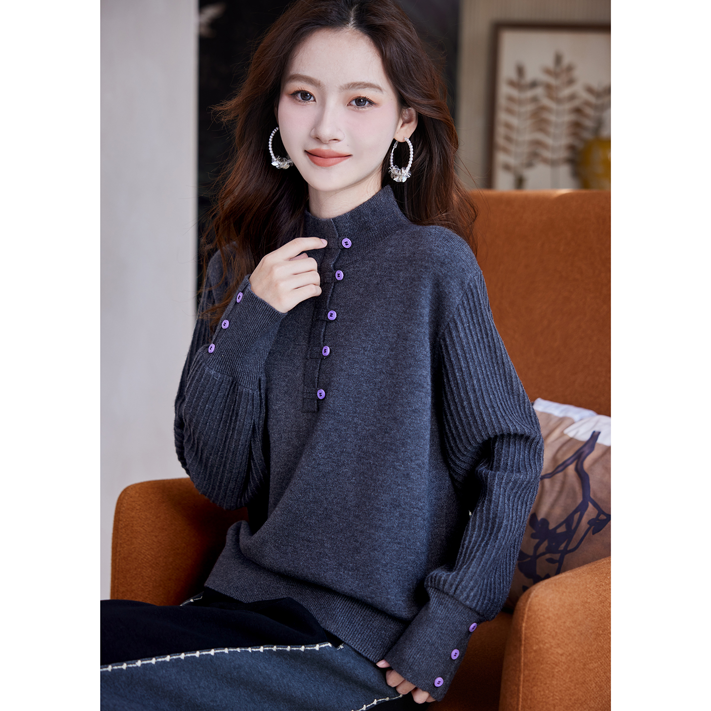 宝诗黎半高领慵懒针织衫