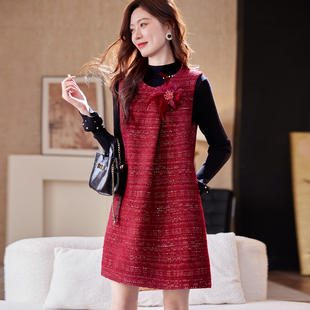 宝诗黎圆领亮丝条纹红色背心裙2025冬季 连衣裙 气质小香风韩系时尚
