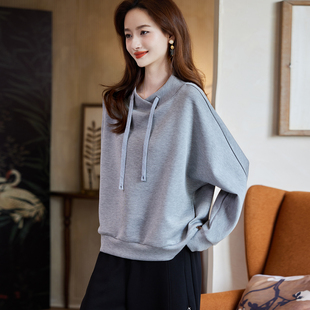 上衣 简约宽松纯色百搭休闲女装 宝诗黎蝙蝠袖 抽绳慵懒卫衣2026春季