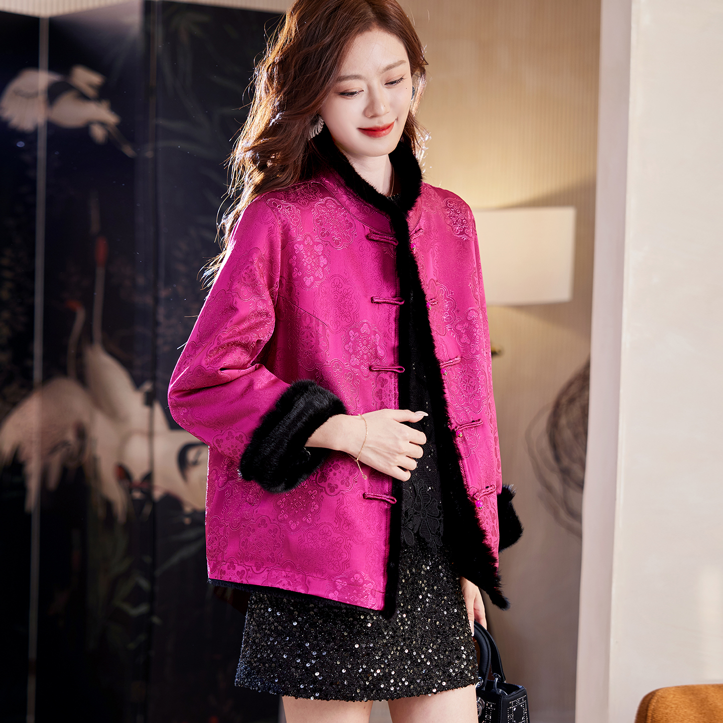 宝诗黎双面穿提花毛绒外套