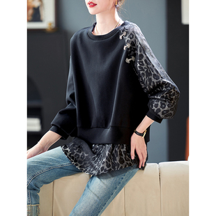宝诗黎圆领网纱亮丝豹纹拼接卫衣2026新款 休闲上衣女 宽松百搭春季