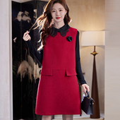 宝诗黎两件套蕾丝拼接红色连衣裙2026早春气质老钱风休闲背心裙