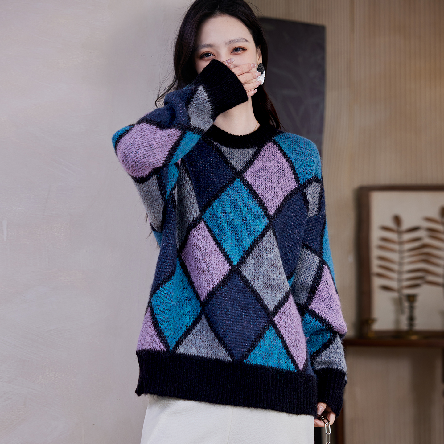 宝诗黎圆领格子慵懒毛衣