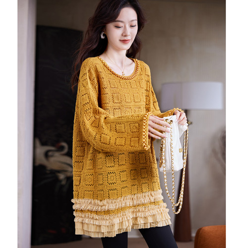 宝诗黎中长款钉珠镂空毛衣