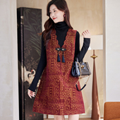 宝诗黎V领钉珠提花背心裙2026早春时尚 气质新中式 国风休闲连衣裙