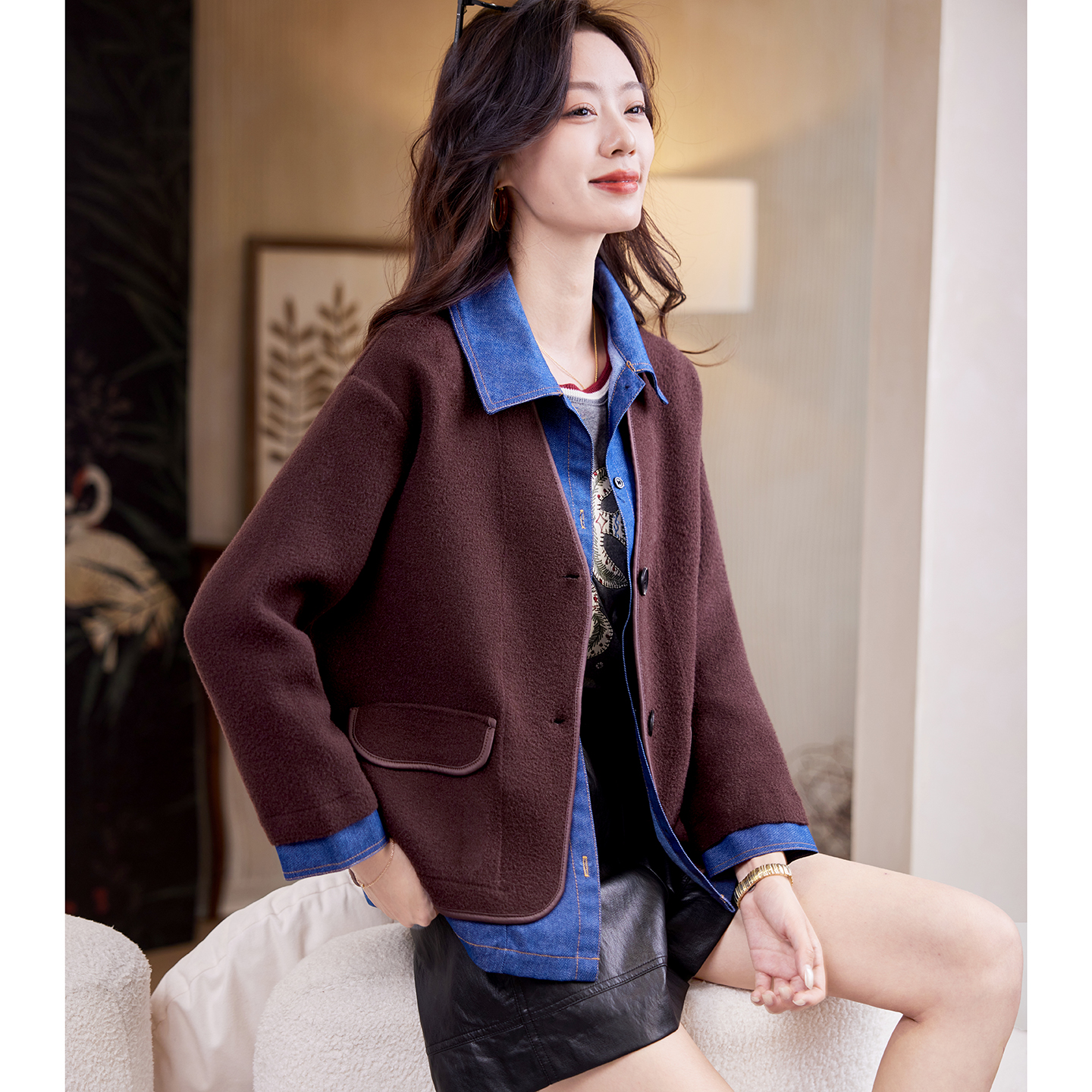 宝诗黎假两件牛仔拼接外套2025秋季洋气复古百搭休闲美拉德女装