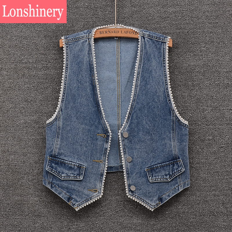 今年秋装新品洋气珍珠边V领牛仔马甲女短款时尚百搭外穿牛仔背心