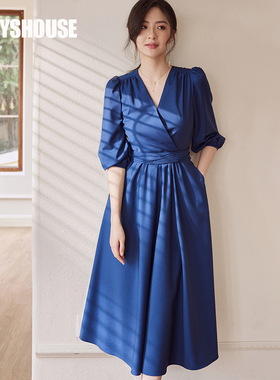 罗衣气质深蓝色连衣裙2025春夏新款系带灯笼袖七分袖大摆裙06139