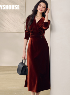 罗衣优雅V领修身连衣裙2025秋冬新款气质棕咖色丝绒中长裙12838