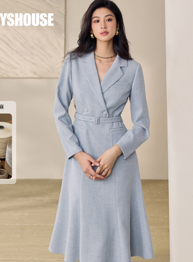 罗衣优雅系带浅蓝色西装连衣裙2025秋季新款时尚麻料中长裙12794
