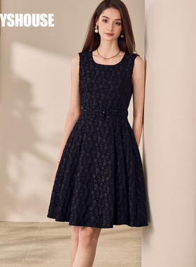 罗衣2025夏季优雅OL提花无袖大摆连衣裙11890