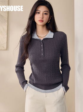 罗衣时尚拼接绵羊毛针织衫女2025冬季新款麻花编织修身内搭12979