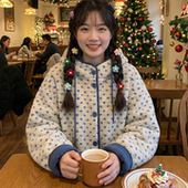 日系软妹元 气少女小清新爱心涂鸦宽松连帽皮毛一体羊羔毛外套棉服