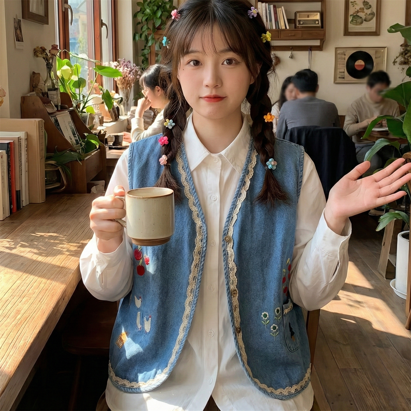 日系软妹森女风童趣小清新涂鸦刺绣蕾丝花边拼接V领牛仔马甲马夹