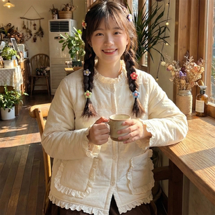 日系软妹仙气欧根纱拼接刺绣棉衣女冬加绒夹棉保暖宽松蕾丝边棉服