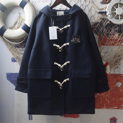 软妹学院风牛角扣毛呢大衣jk外套