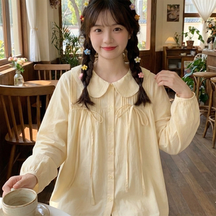 上衣女 衬衫 日系软妹小众风琴褶系带蝴蝶结法式 娃娃领宽松纯棉长袖