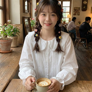 日系软妹森女系小清新风琴压褶宽松纯棉布长袖 上衣女 娃娃领白衬衫