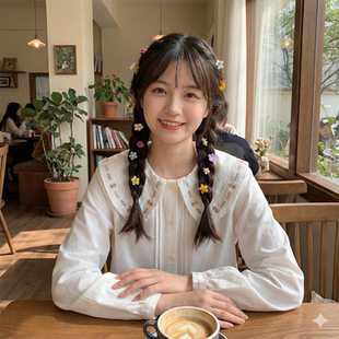 日系软妹森系复古风琴褶刺绣花朵娃娃领宽松纯棉长袖 上衣女 白衬衫