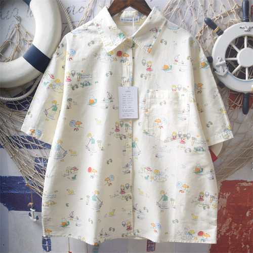 童趣涂鸦印花宽松纯棉短袖衬衫女