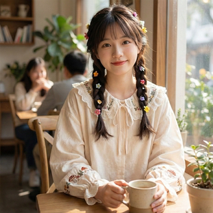 日系软妹森系甜美刺绣荷叶边娃娃领系带蝴蝶结宽松纯棉衬衫 上衣女