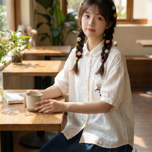 日系软妹花藤麦穗刺绣短袖衬衫女