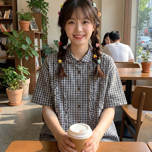 小个子上衣女 格子衬衫 日系软妹荷叶边拼接甜美元 宝娃娃领宽松短袖