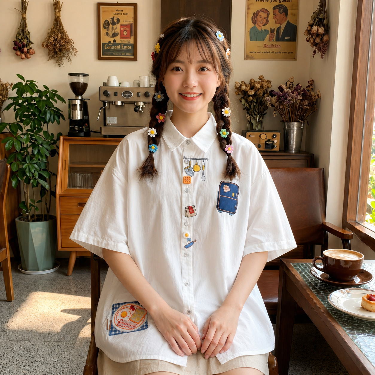 日系软妹元气少女重工涂鸦刺绣立体面包贴布宽松纯棉短袖衬衫上衣