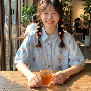 日系软妹元气少女蓝天白云可爱小熊涂鸦印花衬衫宽松显瘦短袖上衣