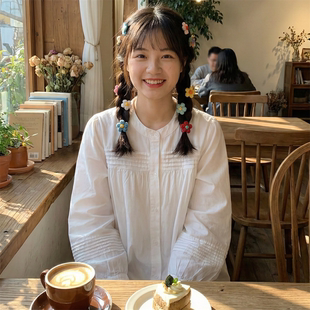 风琴压褶宽松百搭长袖 衬衫 立领衬衣 优雅灯笼袖 日系软妹森女风法式