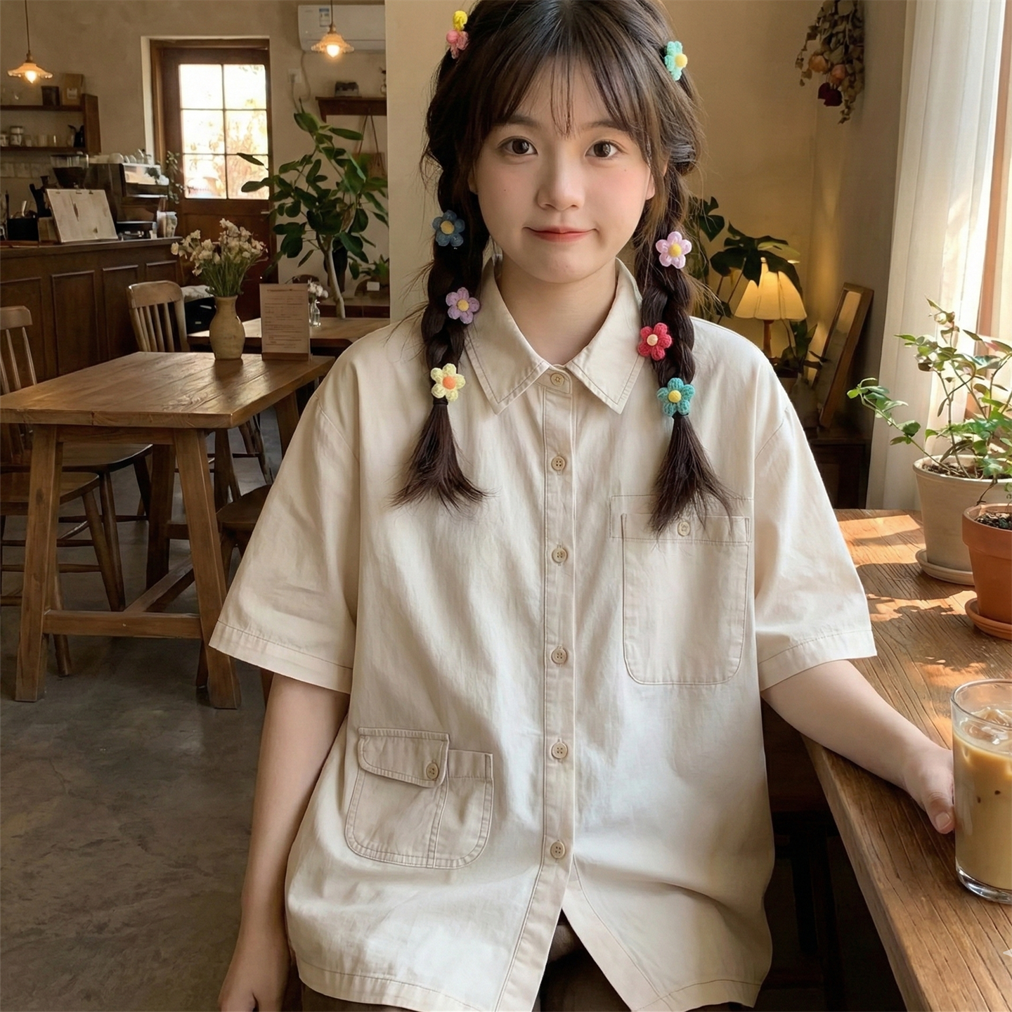 日系软妹小众韩版工装风纯棉短袖衬衫女夏季小个子宽松上衣慵懒风