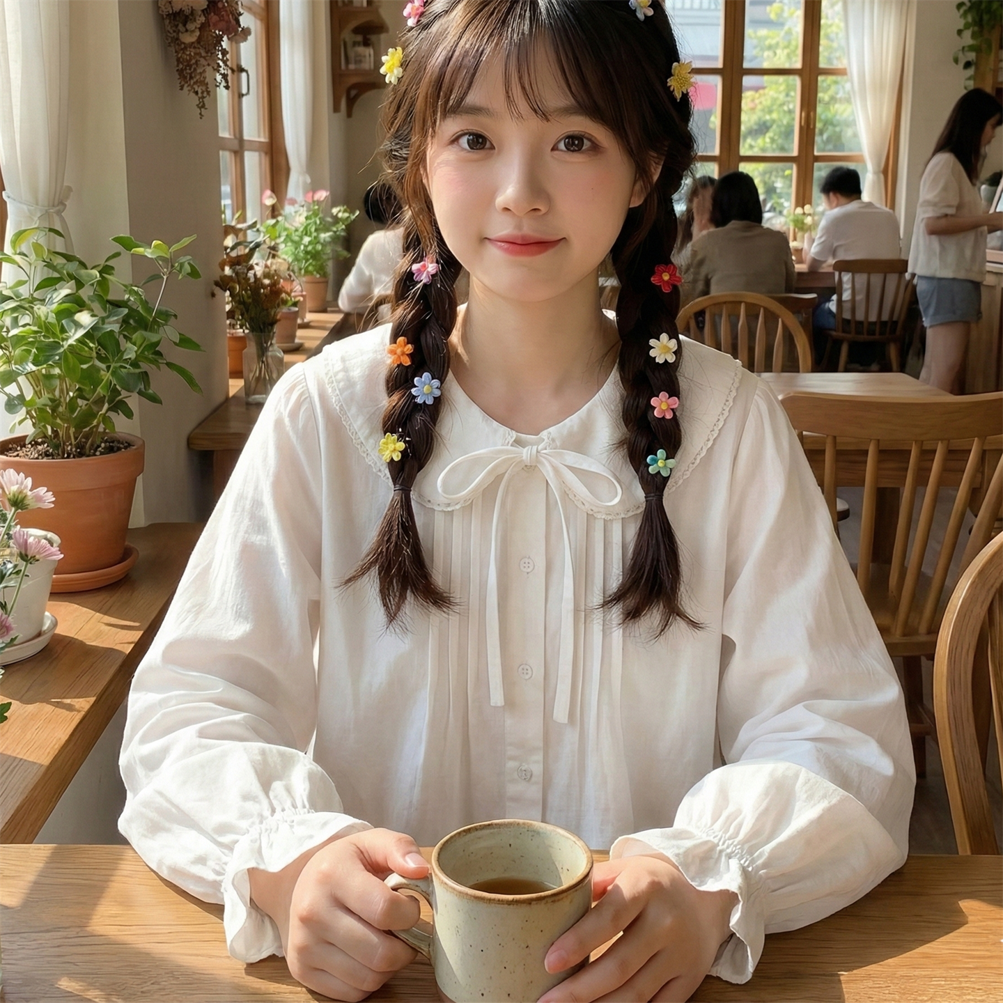 日系软妹森女风可爱娃娃领系带蝴蝶结风琴压褶宽松纯棉长袖白衬衫