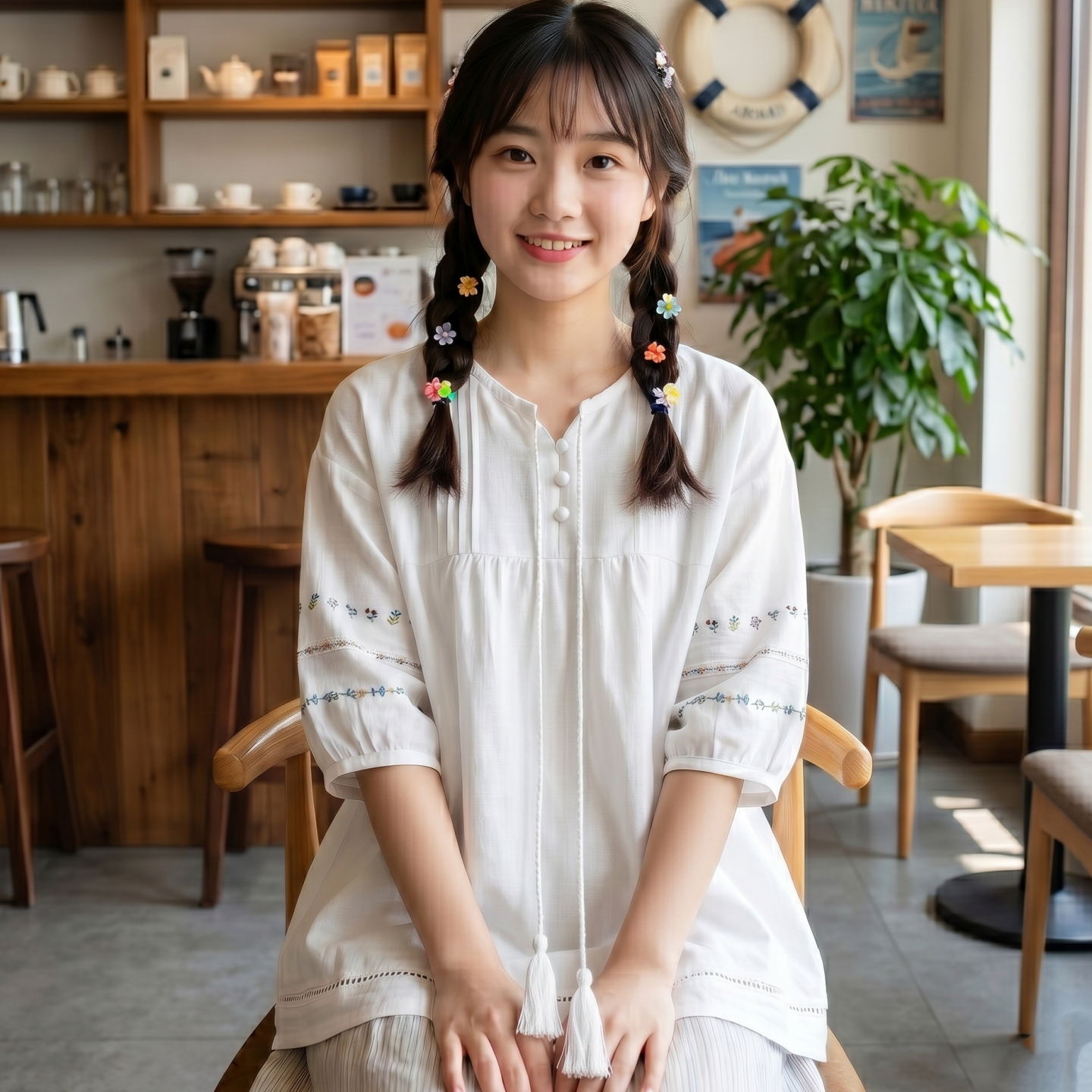 日系软妹森女系剪刀领半开襟镂空刺绣拼接流苏系带短袖纯棉白衬衫