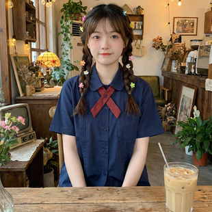 日系软妹学院风小清新风琴压褶百搭领结娃娃领jk短袖 上衣少女 衬衫