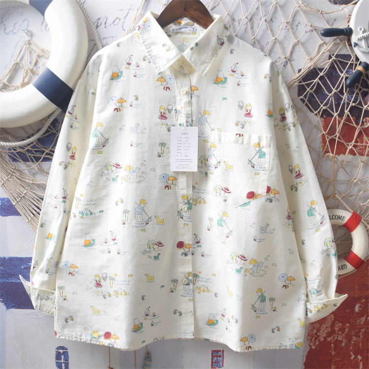 童趣涂鸦数码印花长袖衬衫上衣女