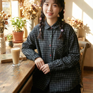 日系软妹复古全棉格子衬衫女猫咪贴布绣撞色纽扣小元宝领宽松上衣