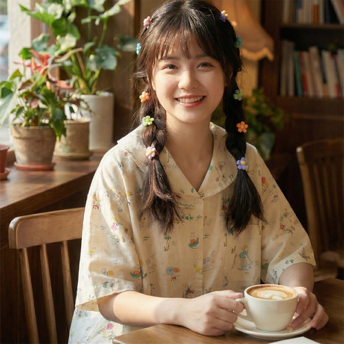 涂鸦印花宽松海军领短袖衬衫少女