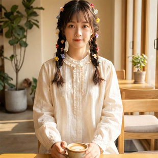 氛围感上衣 少女法式 日系软妹森系木耳荷叶边立领宽松长袖 纯棉衬衫