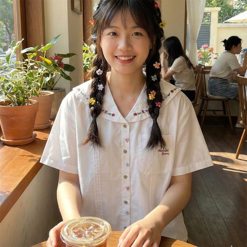 刺绣花朵海军领纯棉短袖衬衫少女